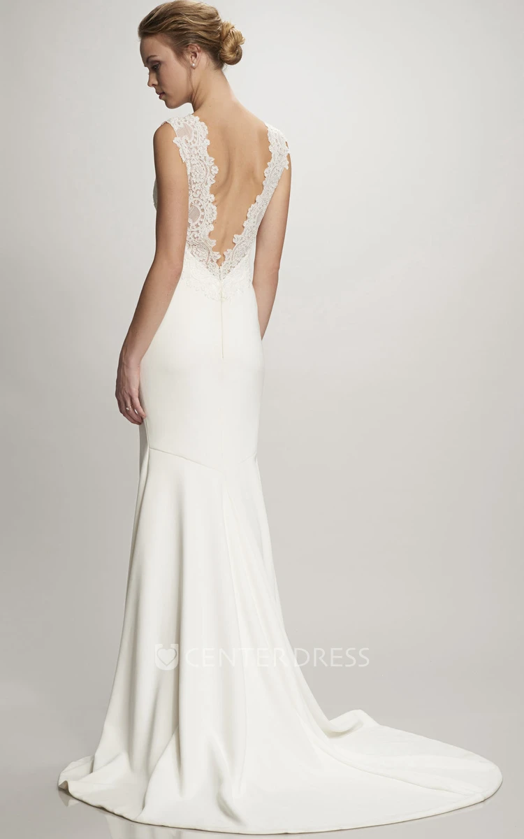 Sheath Lace Sleeveless Floor-Length Bateau Satin Wedding Dress With Deep-V Back And Court Train