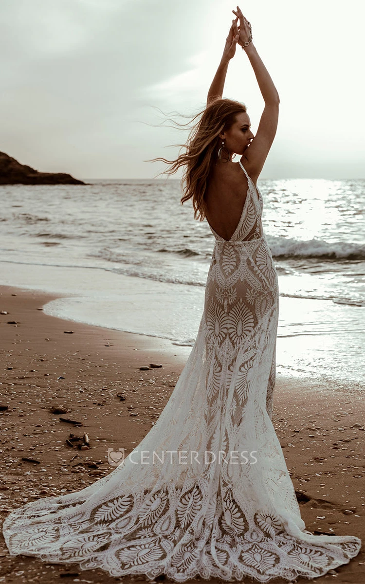 Graceful Charming Beach Mermaid Boho Lace Wedding Dress Sexy Elopement Spaghetti Strap Plunging Gown