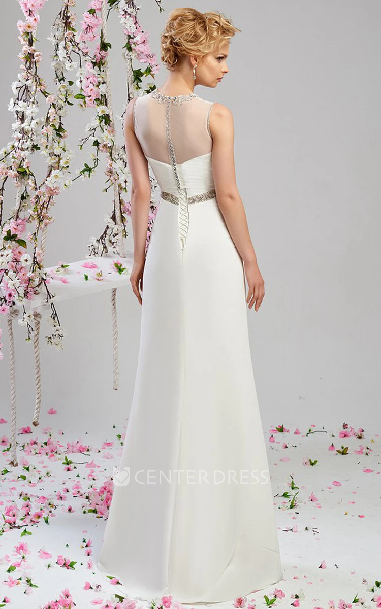 Sheath Floor-Length Jeweled Sleeveless High Neck Chiffon Wedding Dress With Beading And Illusion
