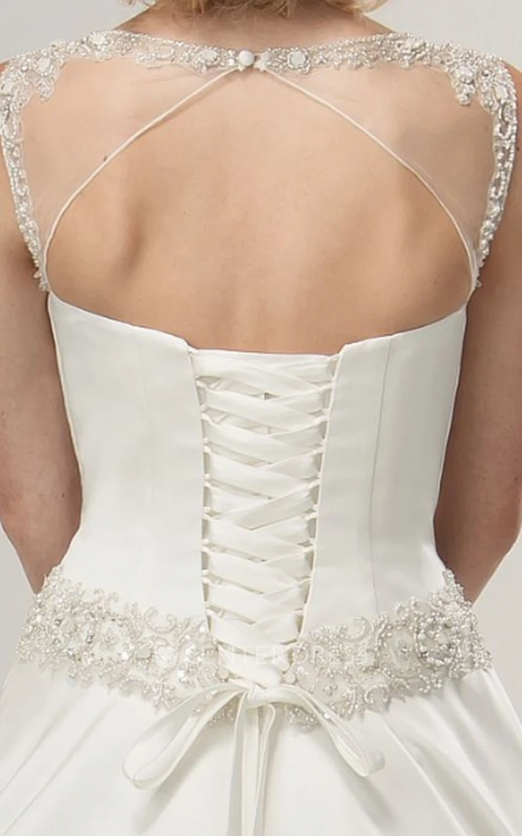 A-Line Scoop-Neck Beaded Sleeveless Floor-Length Satin Wedding Dress With Waist Jewellery