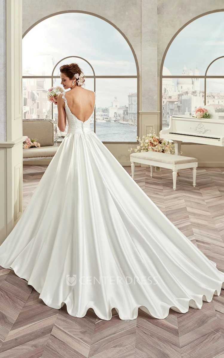 V-Neck A-Line Open-Back Bridal Gown With Cinched Waistband And Appliques Straps