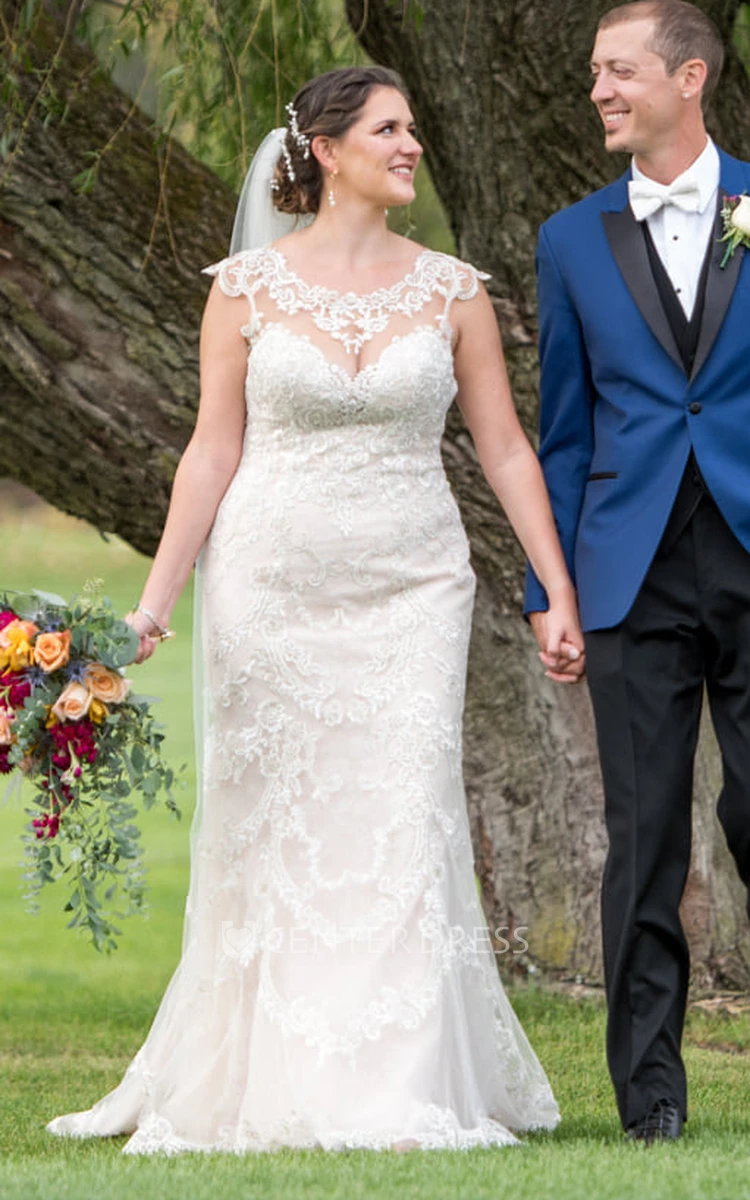 Modest Sheath Wedding Dress Jewel Neckline Lace Petals Garden Flowy Train Bridal Gown