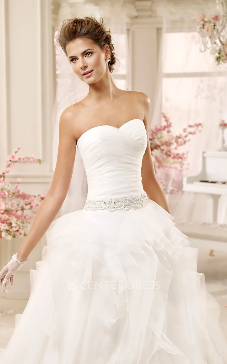 Sweetheart Ruching Wedding Gown with Beaded Belt and Pleated Bodice