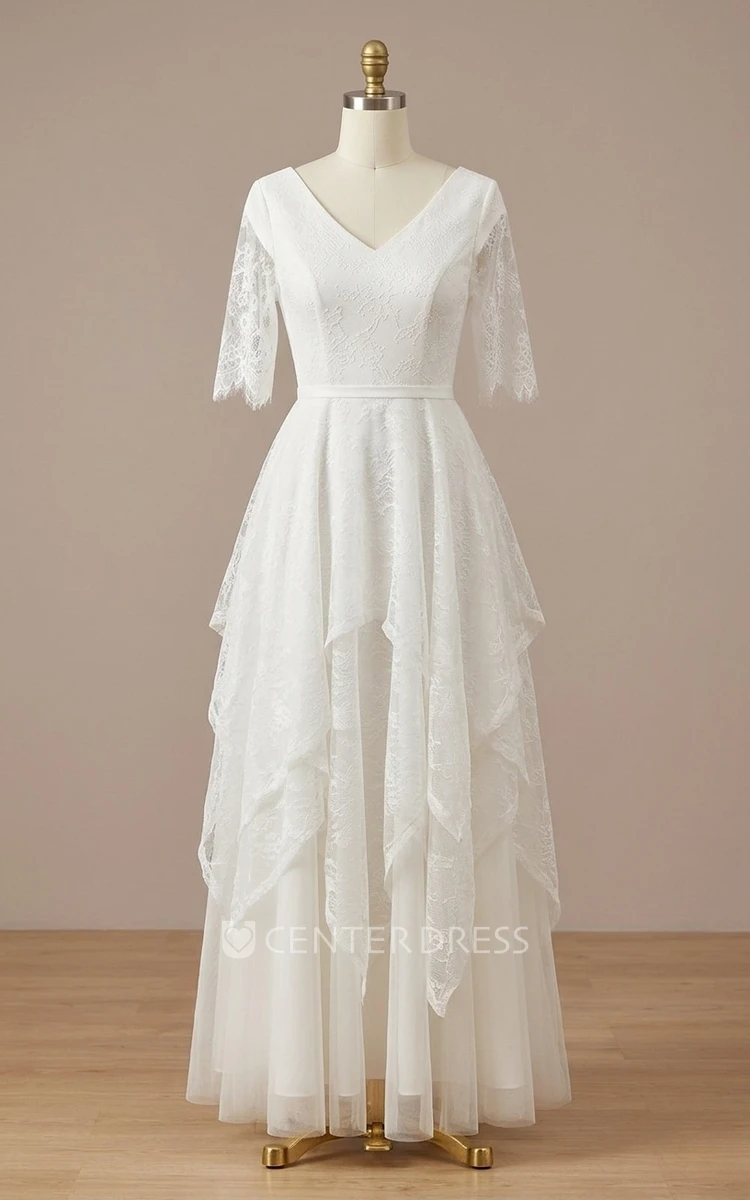 Bohemian A Line Half Sleeve V-neck Lace Country Spring Wedding Dress