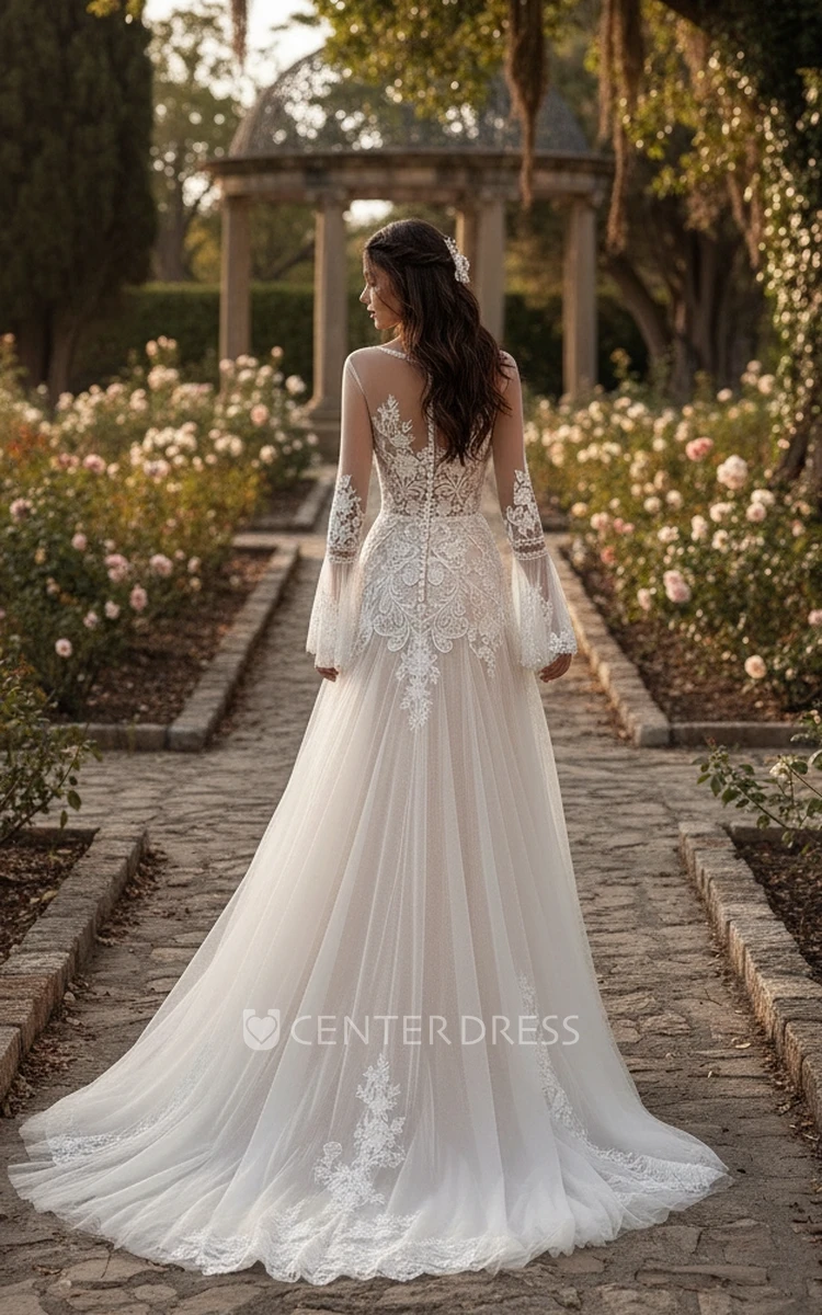 Modern Sexy Bohemian A-Line Lace Spring Wedding Dress Stunning Romantic Long Bell Sleeve Plunging Neckline Split Front Bridal Gown
