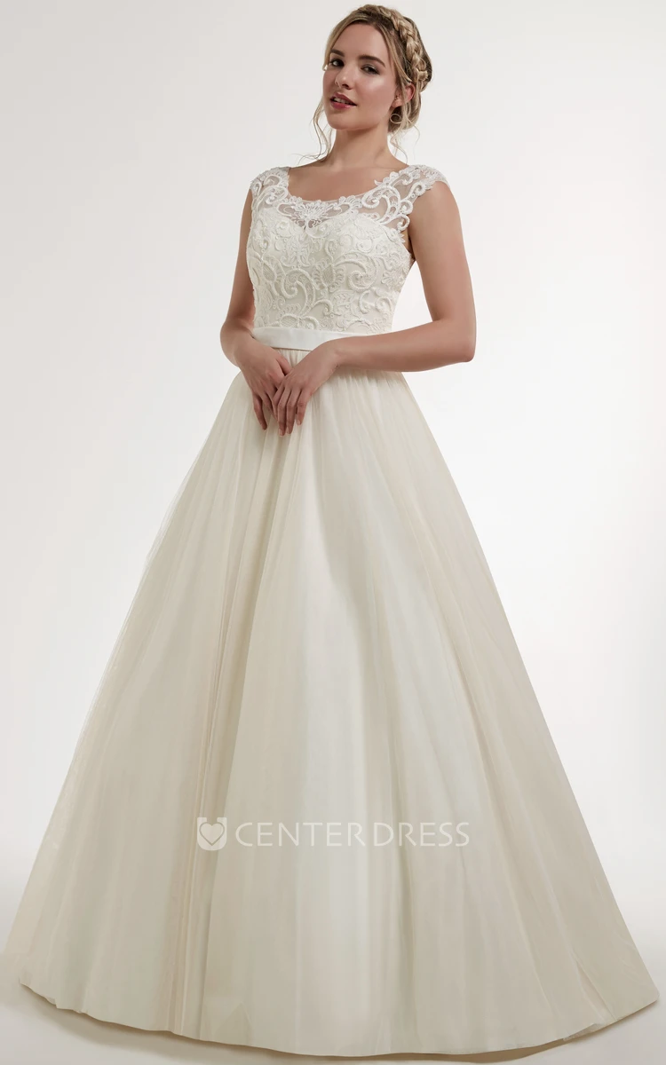 Ball-Gown Sleeveless Floor-Length Appliqued Scoop Satin Wedding Dress With Low-V Back And Court Train