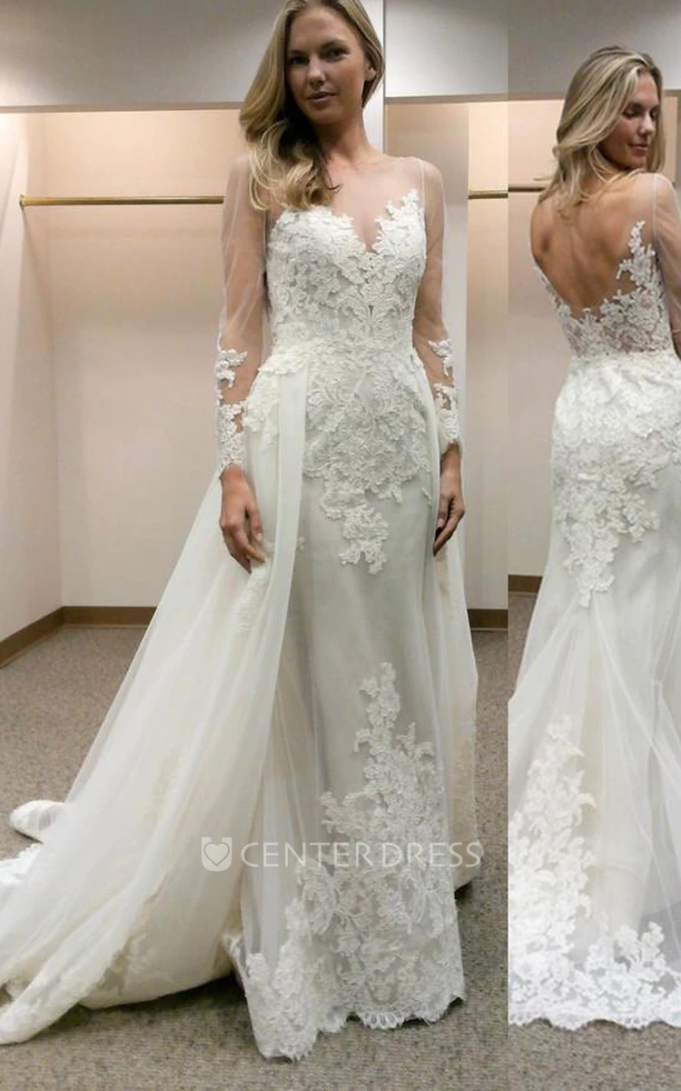 A Line Jewel Lace Tulle Low-V Back Wedding Dress