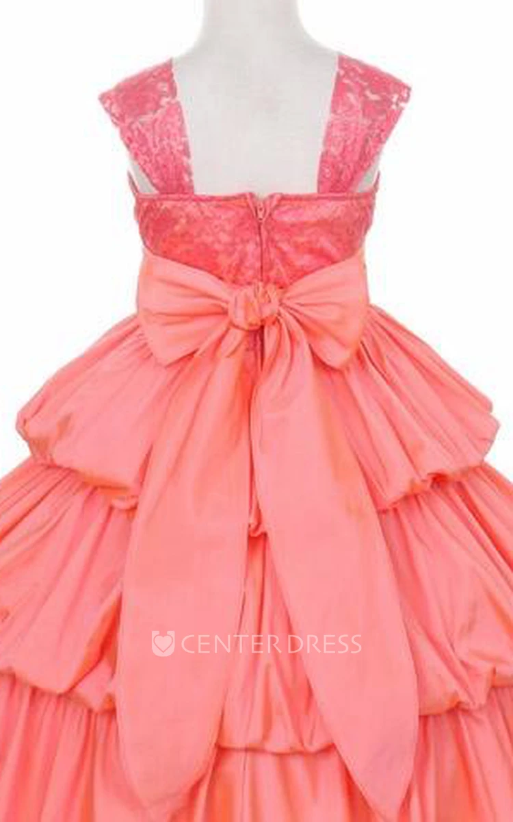 Ankle-Length Bowed Floral Lace&Taffeta Flower Girl Dress With Sash