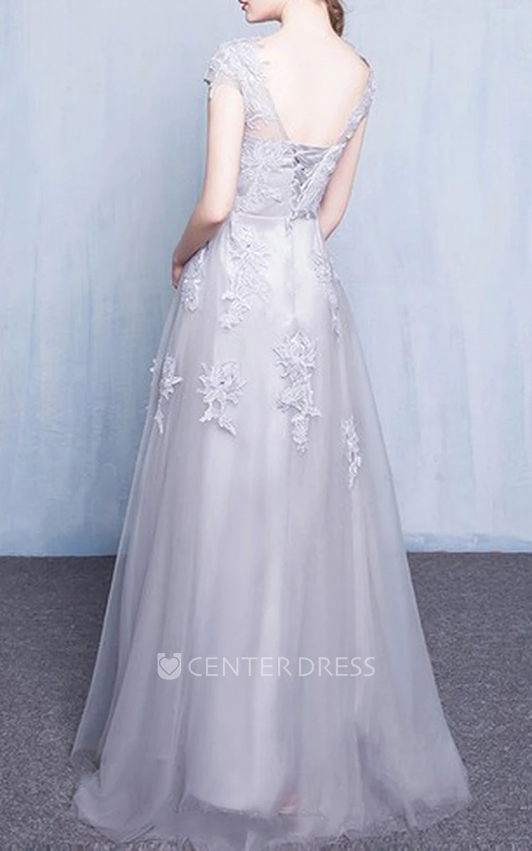 Scoop Tulle Short Sleeve Floor-length A Line Evening Dress with Appliques