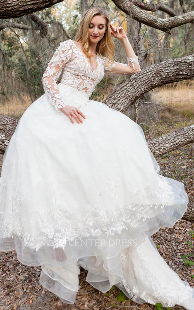Lace Tulle V-neck A Line Long Sleeve Court Train Wedding Dress With Appliques