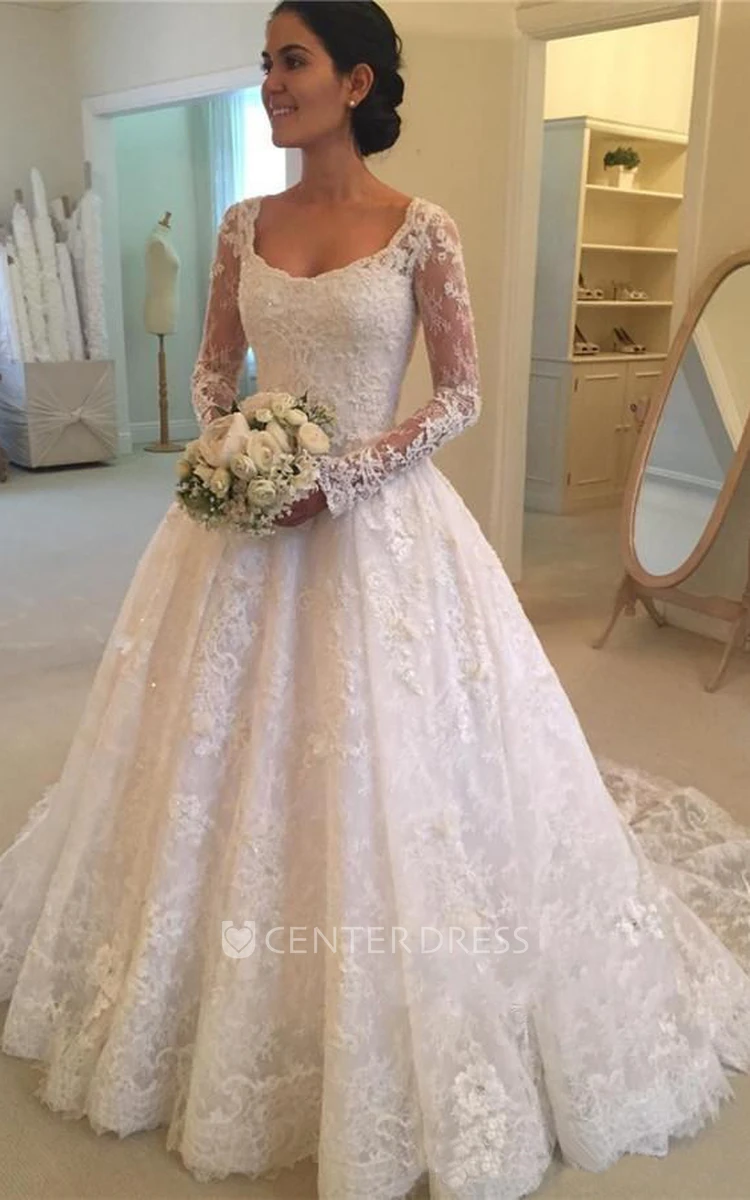 Elegant Lace Illusion Sleeve Floor-length Bridal Gown with Cathedral Train