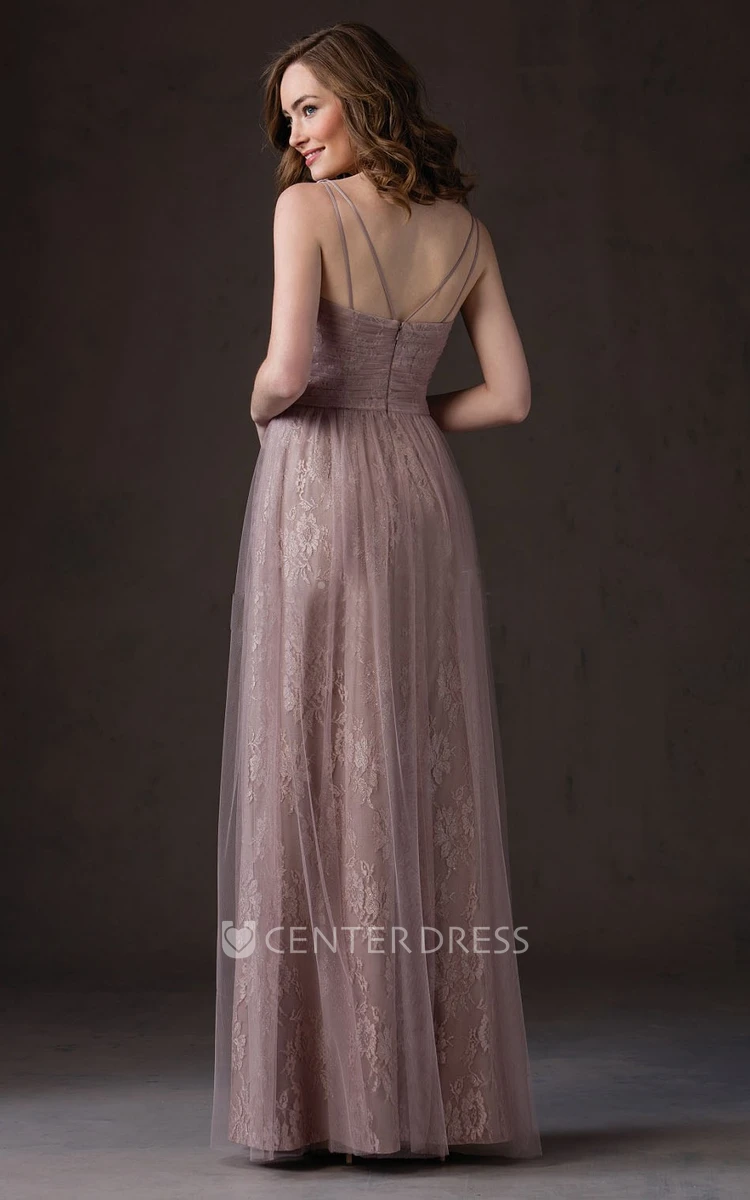 V-Neck Sleeveless A-Line Bridesmaid Dress With Tulle Overlay And Pleats