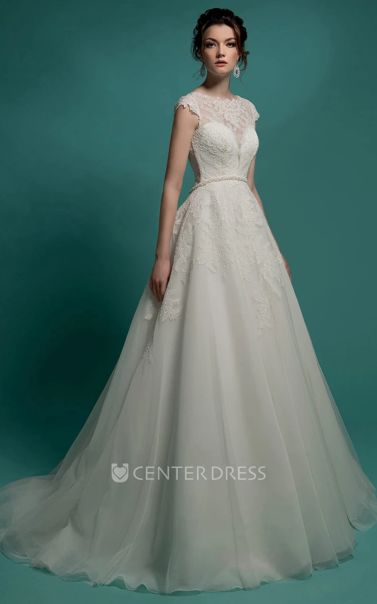 A-Line Floor-Length Jewel-Neck Cap-Sleeve Illusion Organza Dress With Appliques And Beading