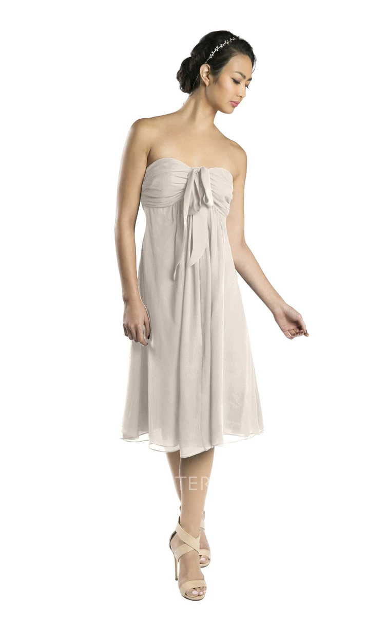 Tea-Length Strapless Bowed Chiffon Muti-Color Convertible Bridesmaid Dress With Ruching