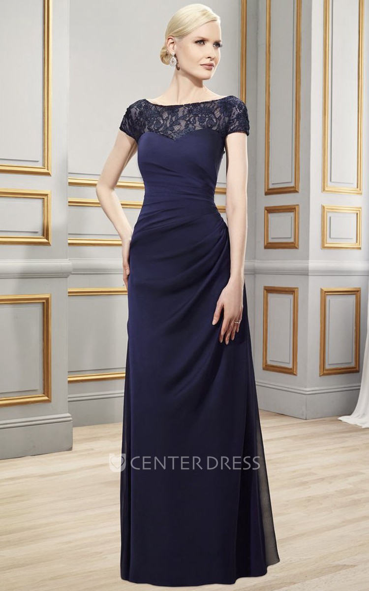 Sheath Bateau Short Sleeve Appliqued Long Chiffon Formal Dress With Illusion Back And Side Draping UCenter Dress