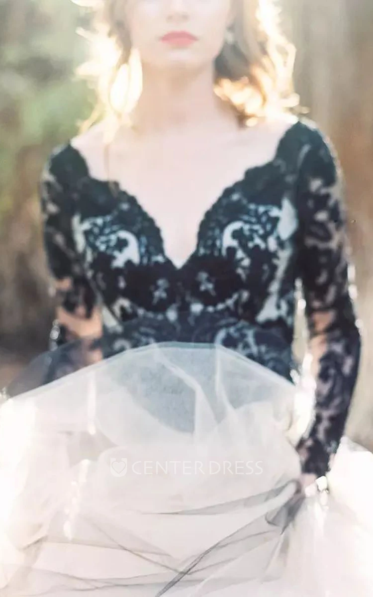 Long Sleeve A-Line V-neck Lace Tulle Floor-length Wedding Dress with Keyhole Back