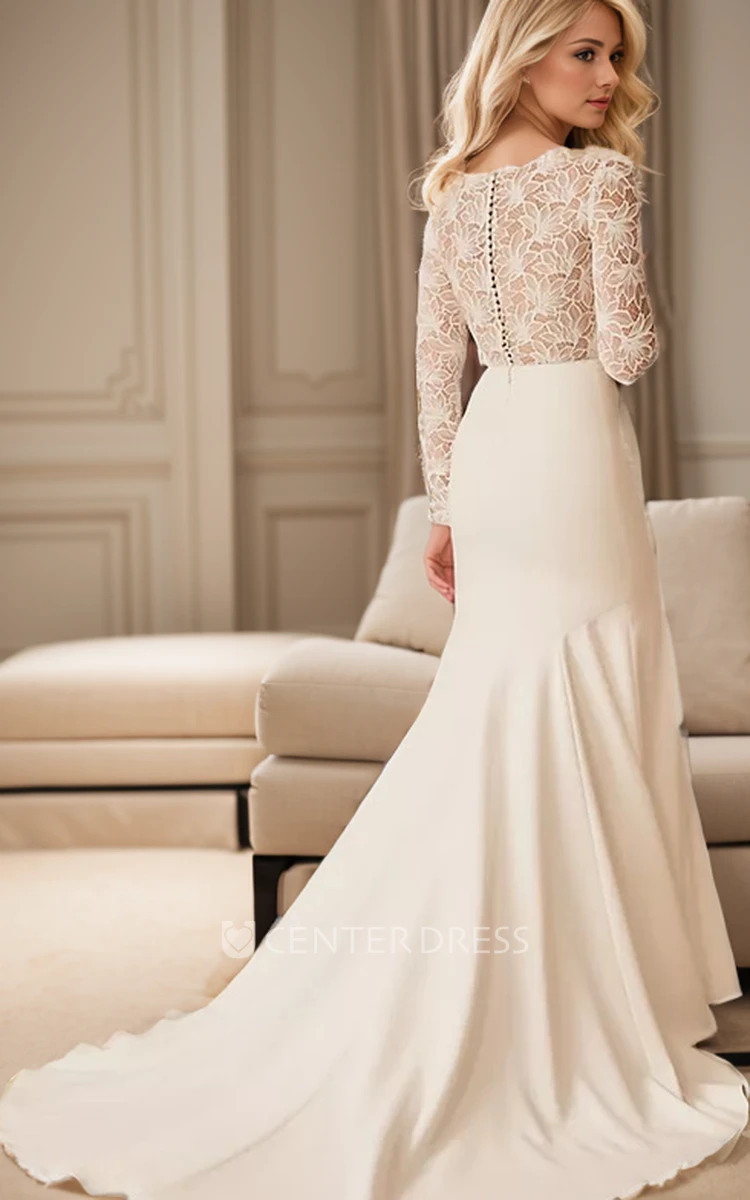 Long Sleeves Appliques V Neck Satin Wedding Dress Long Sleeves Appliques V Neck Satin Wedding Dress