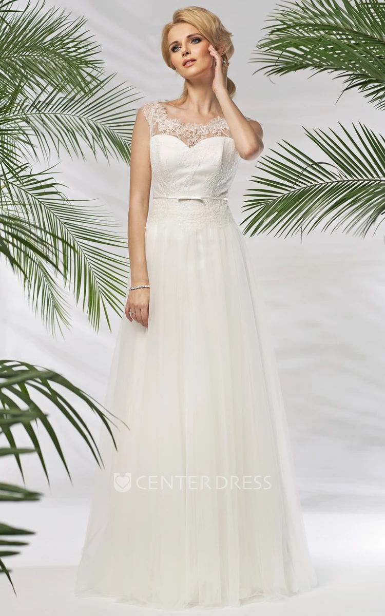 A-Line Sleeveless Floor-Length Bateau-Neck Lace Tulle&Satin Wedding Dress With Pleats