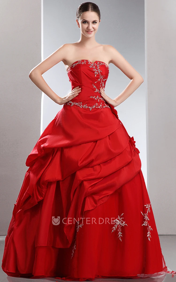 Strapless Layered Ball Gown Satin Prom Dress With Ruffles and Beading
