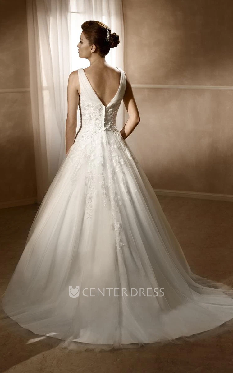 A-Line V-Neck Maxi Sleeveless Appliqued Satin&Tulle Wedding Dress With Court Train And Low-V Back