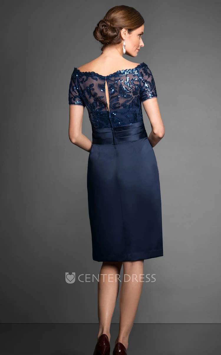 Short-Sleeved Knee-Length Mother Of The Bride Dress With Sequins And Illusion Style
