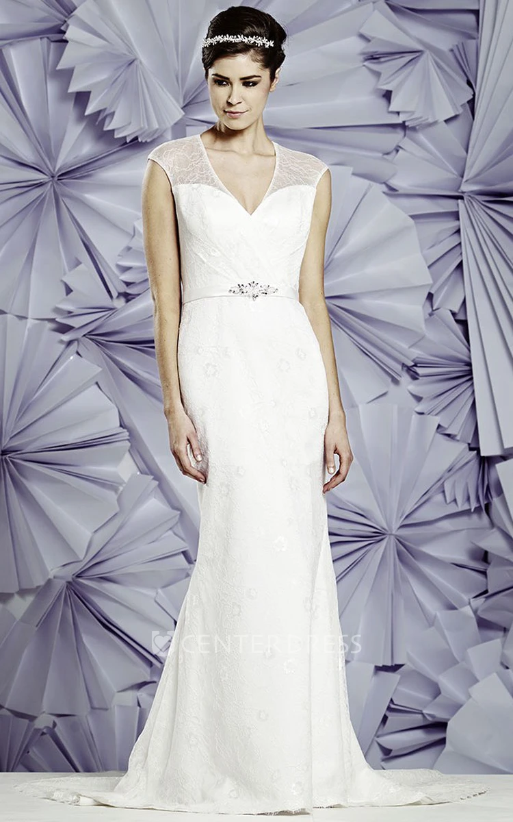 Sheath V-Neck Sleeveless Lace Wedding Dress With Waist Jewellery And Keyhole