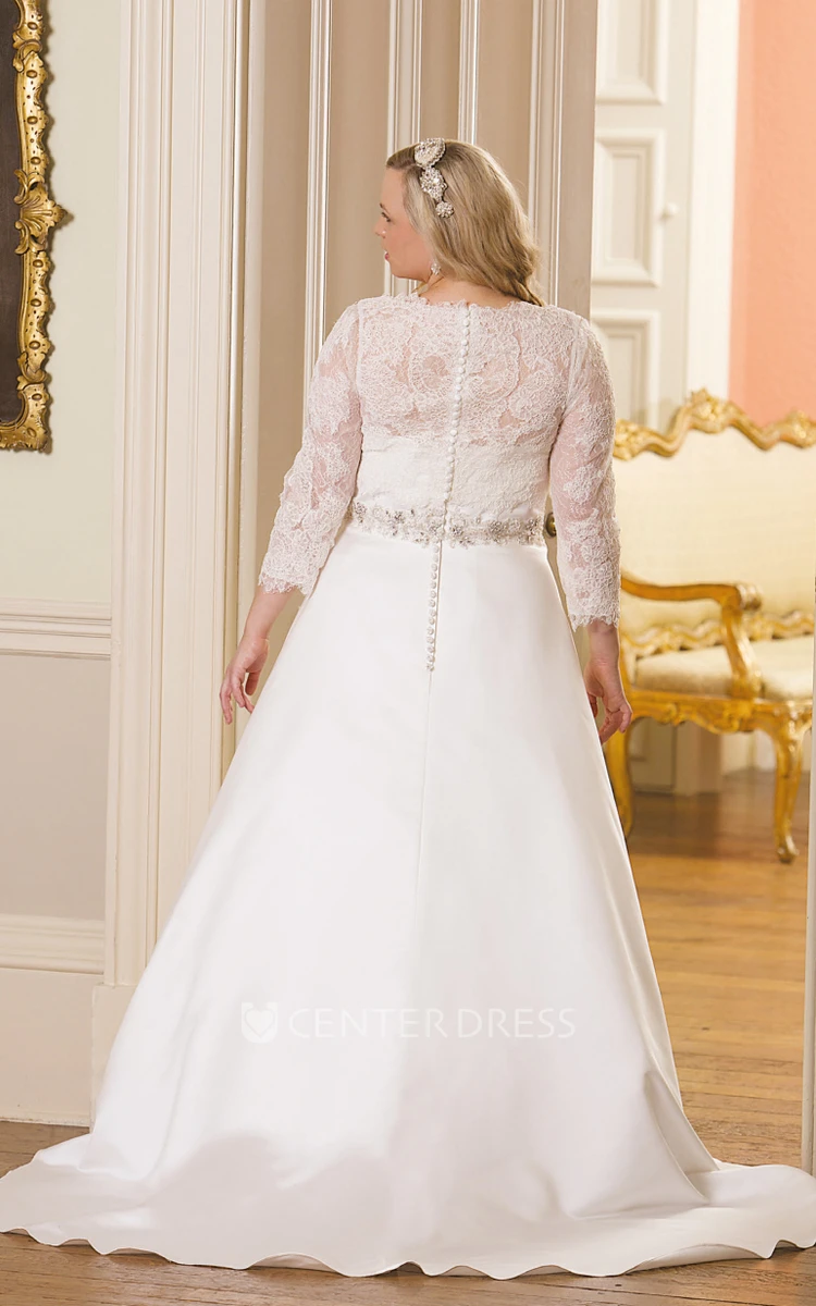 Ball Gown Long Long-Sleeve Bateau-Neck Jeweled Satin Plus Size Wedding Dress With Appliques And Illusion