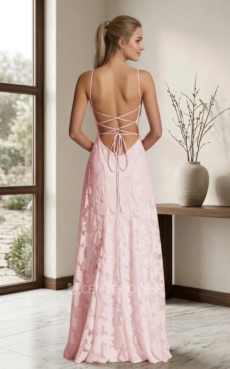 Sheath Jacquard Bridesmaid Dress Spaghetti Strap Square Neck Backless Lace Up Pink Gown Elegant Flowing