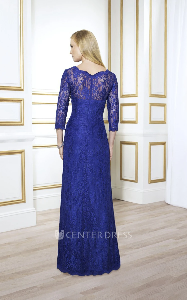 Jewel Neck 3-4 Sleeve Lace Formal Dress With Illusion Back