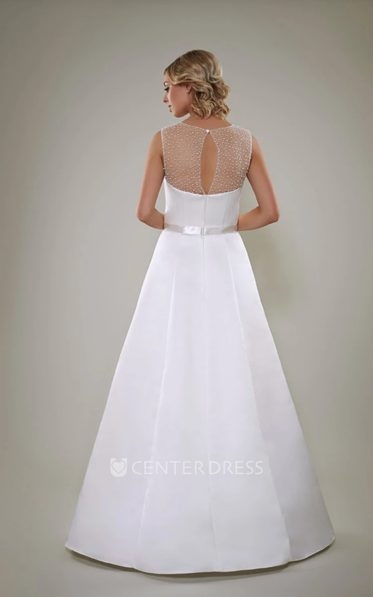 A-Line Scoop Floor-Length Sleeveless Beaded Satin Wedding Dress With Illusion Back