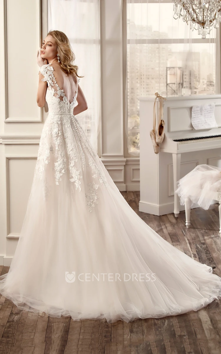 Cap-Sleeve V-Neck Pleating Wedding Dress With Brush Train And Open Back