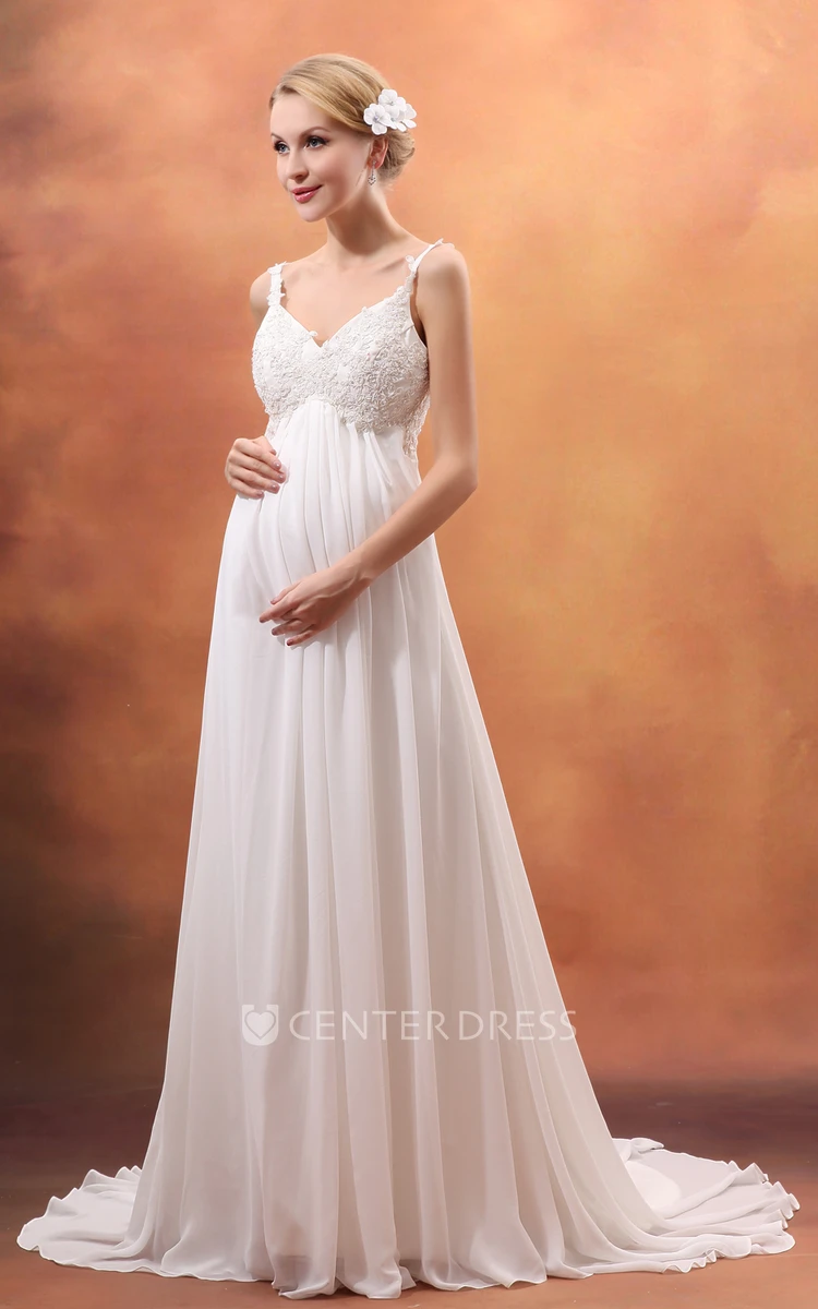 Empire V-Neck Maternity Wedding Dress With Spaghetti Straps