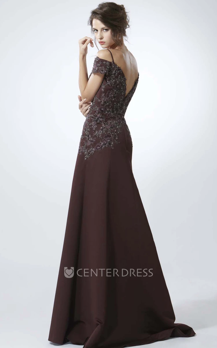 A-Line Appliqued Spaghetti Cap-Sleeve Floor-Length Chiffon Prom Dress With Low-V Back