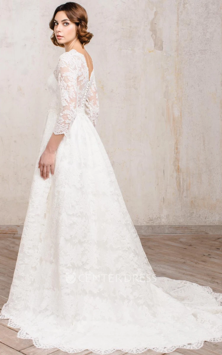 Romantic Lace A Line Floor-length 3/4 Length Sleeve Queen Anne Wedding Dress