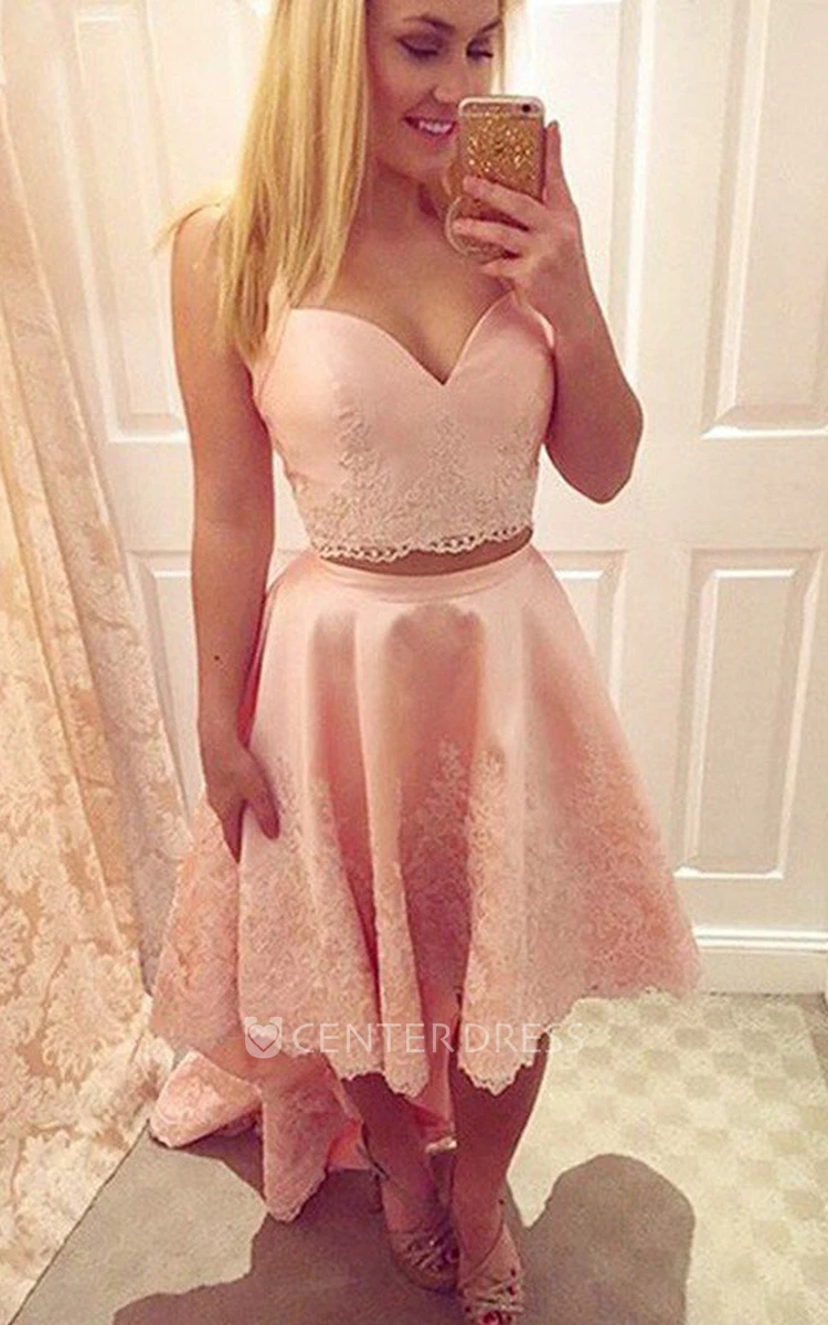 A-line High-low Sleeveless Straps Sweetheart Appliques Lace Satin Lace Homecoming Dress