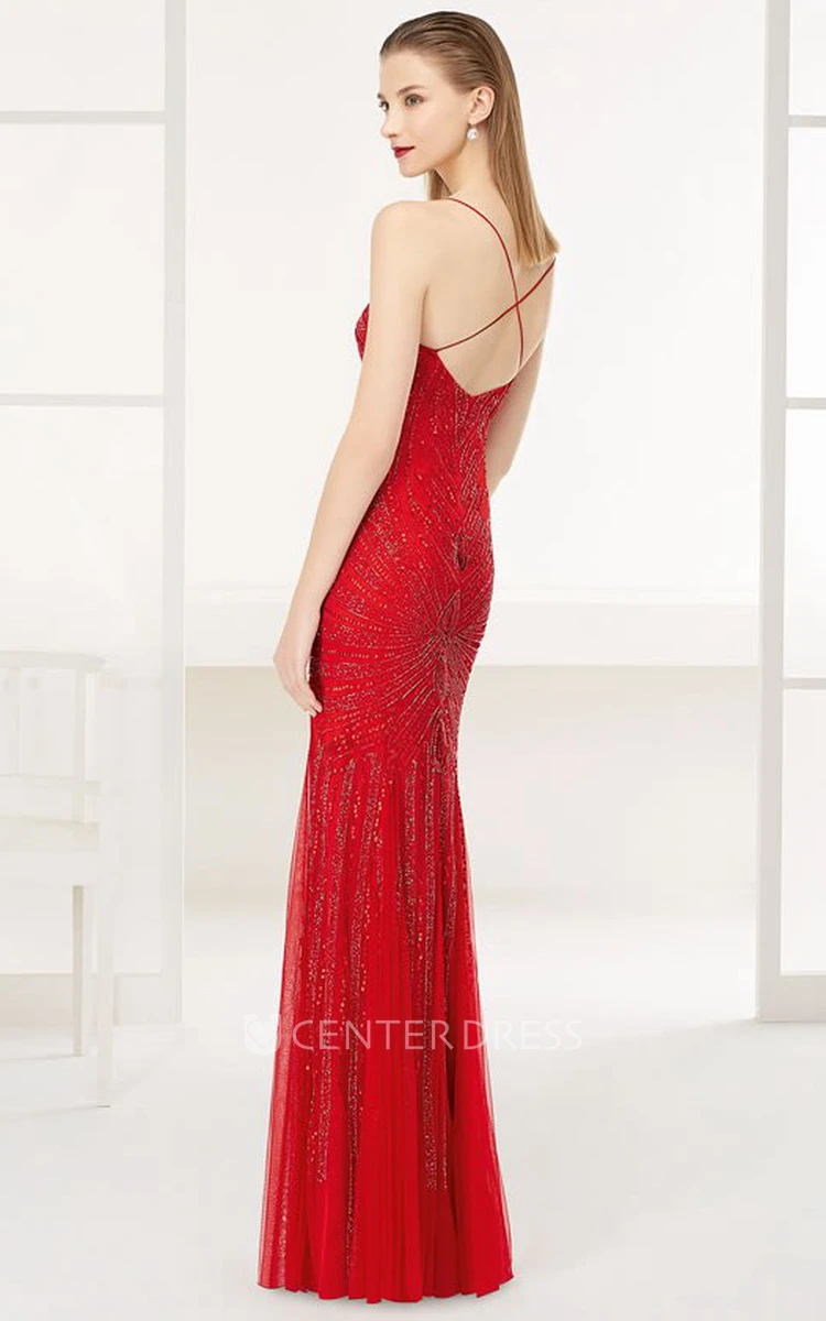 Spaghetti Straps Allover Sequin Long Prom Dress With Back Criss Cross Straps
