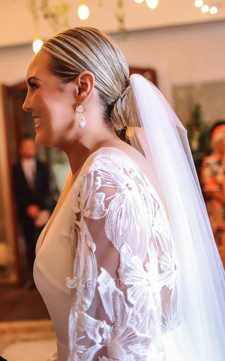 Fall Lace Long Sleeve Plunging Neckline Sheath Elegant Wedding Dress Floor-length