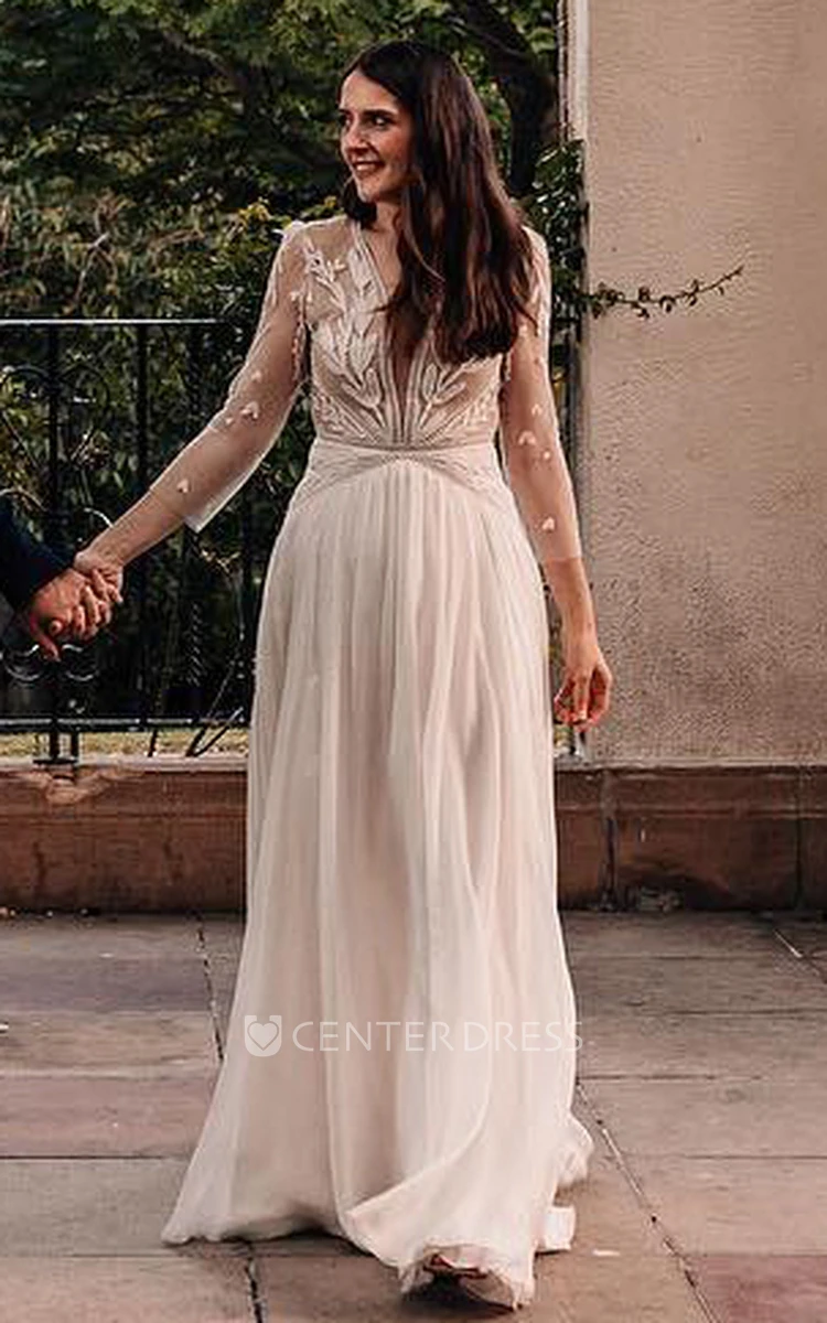Plunging Neckline A-Line Chiffon Romantic Wedding Dress With Open Back And Appliques