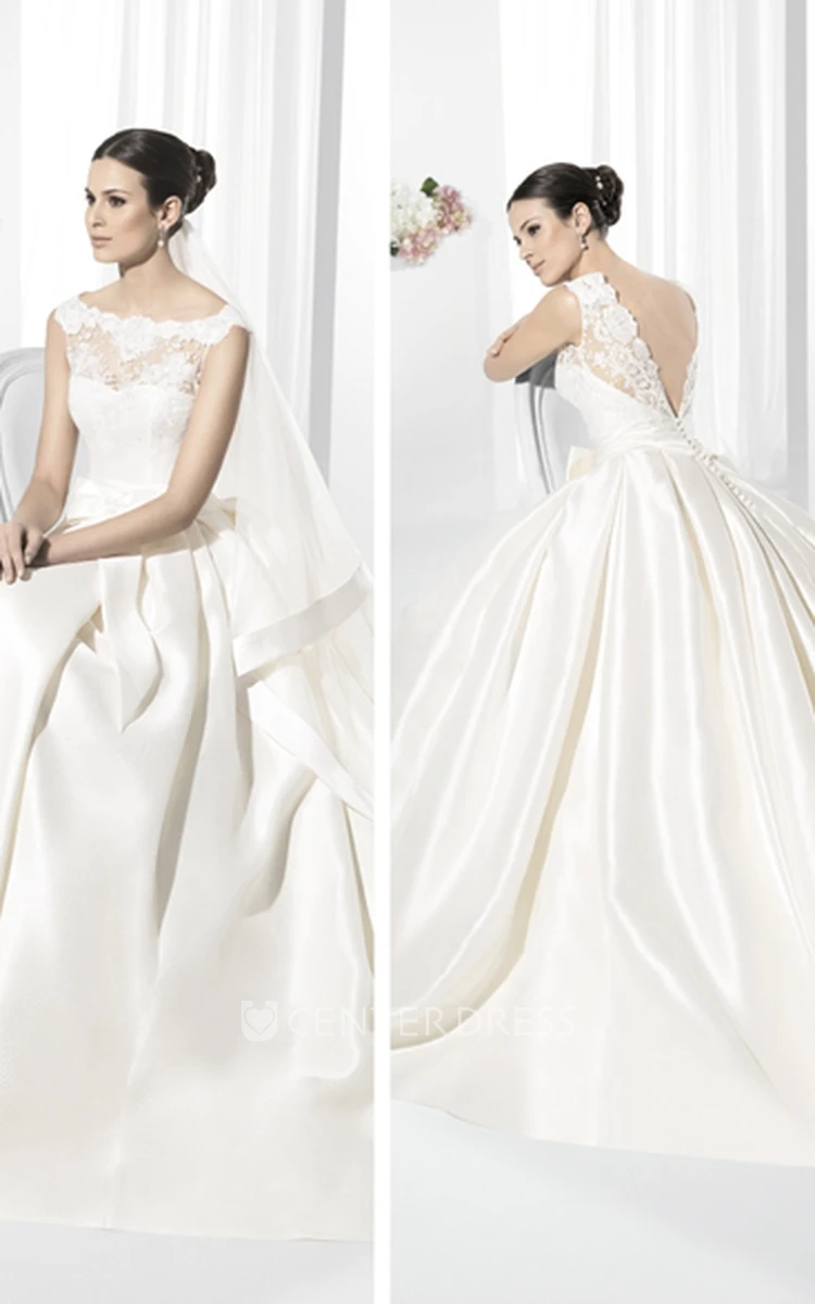 A-Line Lace Bateau-Neck Floor-Length Sleeveless Satin Wedding Dress With Draping And Bow