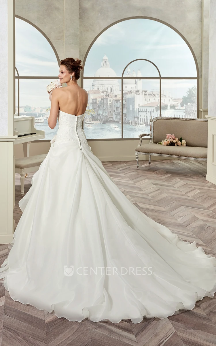 Strapless A-Line Bridal Gown With Floral Decorations And Ruffles