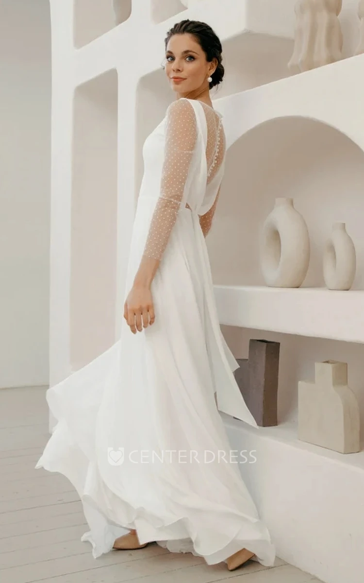 Vintage Modest A-Line Sleeved Chiffon Wedding Dress Simple Elegant Pearl Buttton Back Bridal Gown with Polka Dots