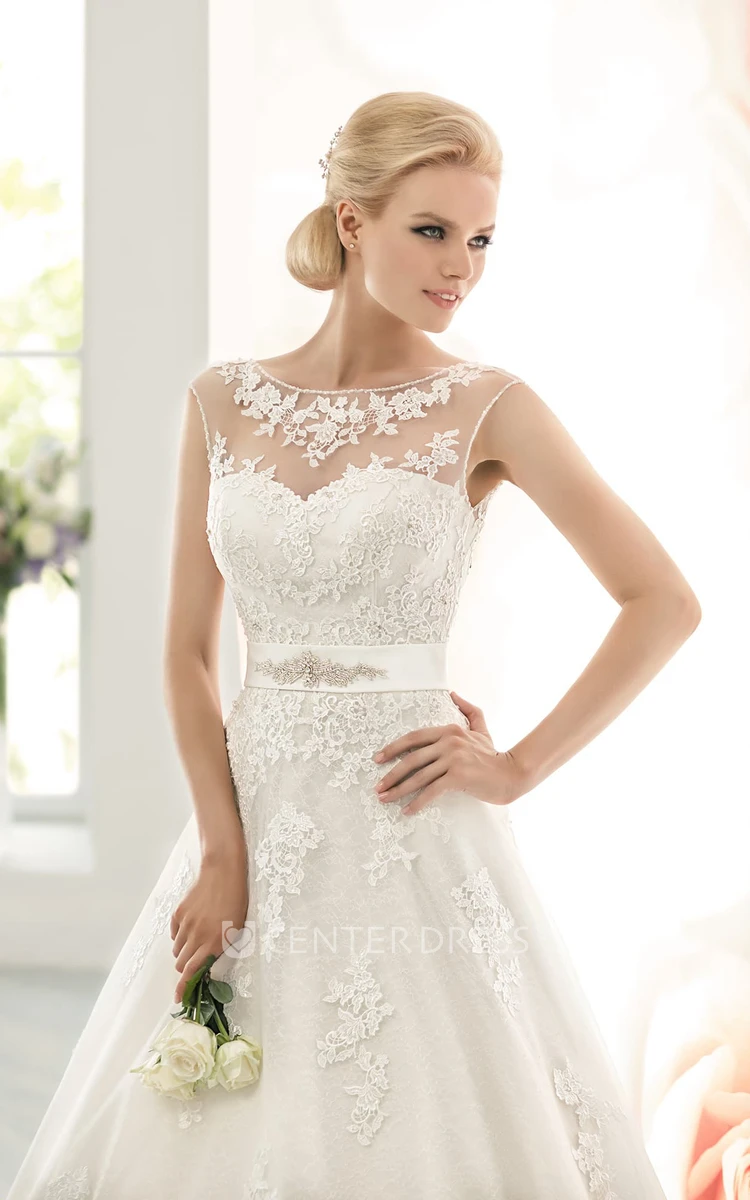A-Line Floor-Length Bateau Cap-Sleeve Corset-Back Lace Dress With Appliques And Waist Jewellery