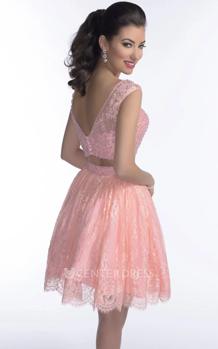 Low-V Back Bodice And Lace Skirt Prom Dress In Two Pieces