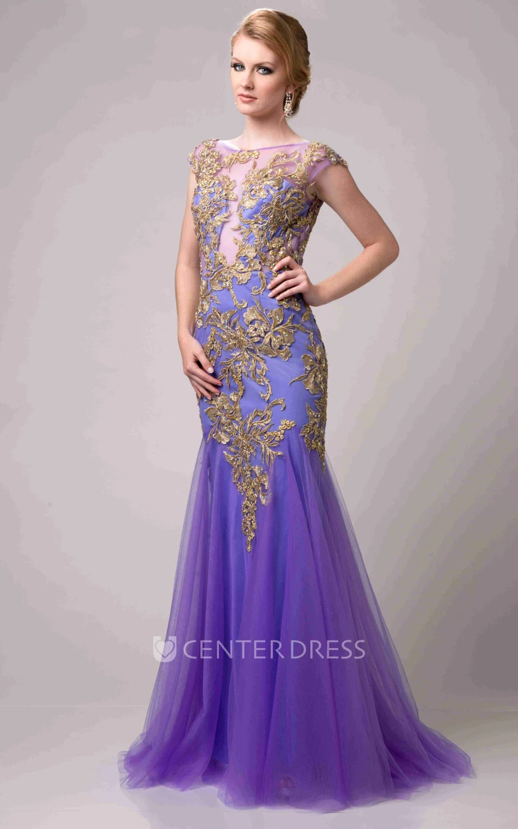Mermaid Appliqued Tulle Prom Dress With Bateau Neck And Cap Sleeve