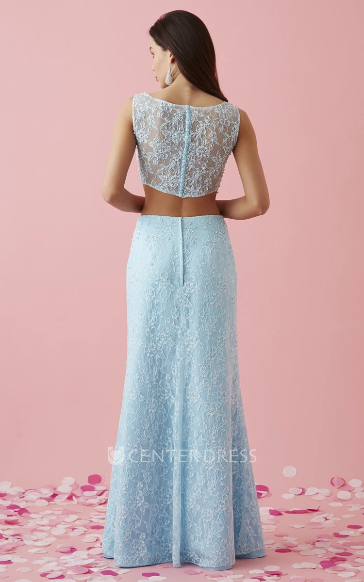 Two-Piece Sheath Floor-Length Scoop-Neck Sleeveless Lace Illusion Dress