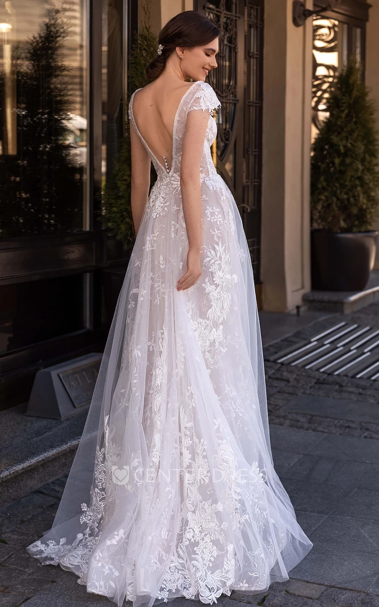 Ethereal Plunging Neckline A Line Lace Short Sleeve Floor-length Wedding Dress with Ruching