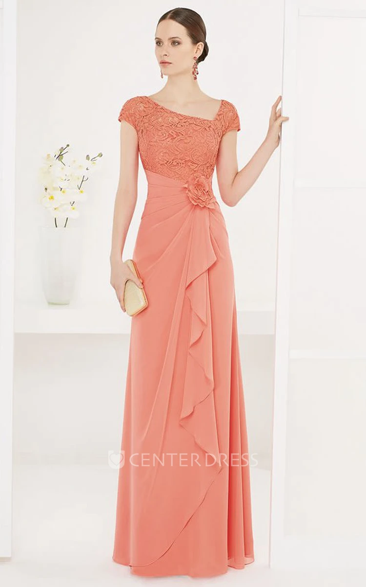 Asymmetric Neck Lace Cap-sleeve Chiffon Long Dress With Side Drape And Flower