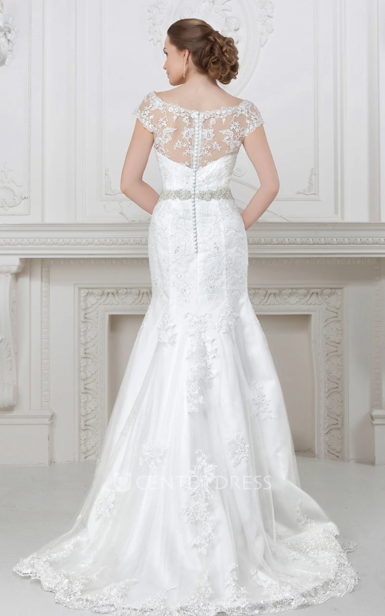 Mermaid Off-The-Shoulder Floor-Length Appliqued Lace Wedding Dress With Waist Jewellery