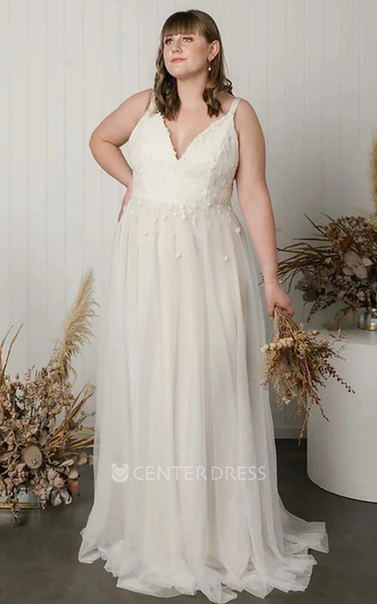 Bohemian A Line Plus Size Lace V-neck Sweep Train Wedding Dress