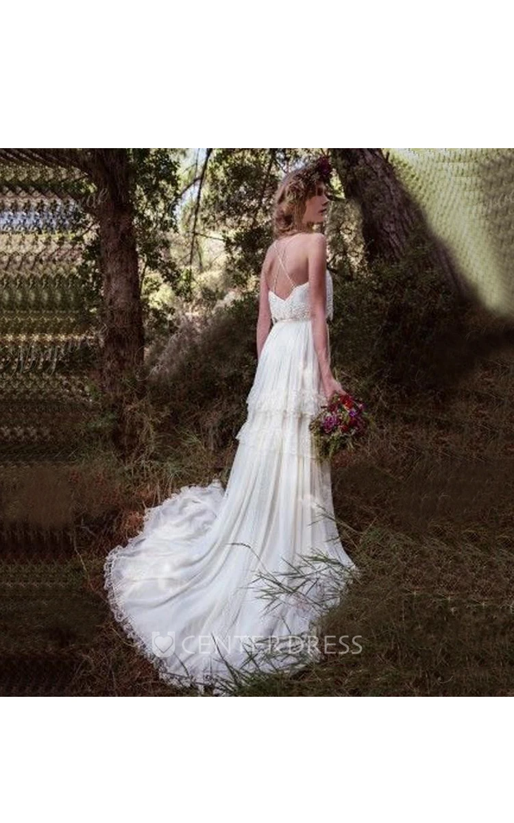 Cross Back Ethereal Court Train In Tiers Destination Wedding Dress With Spaghetti Straps